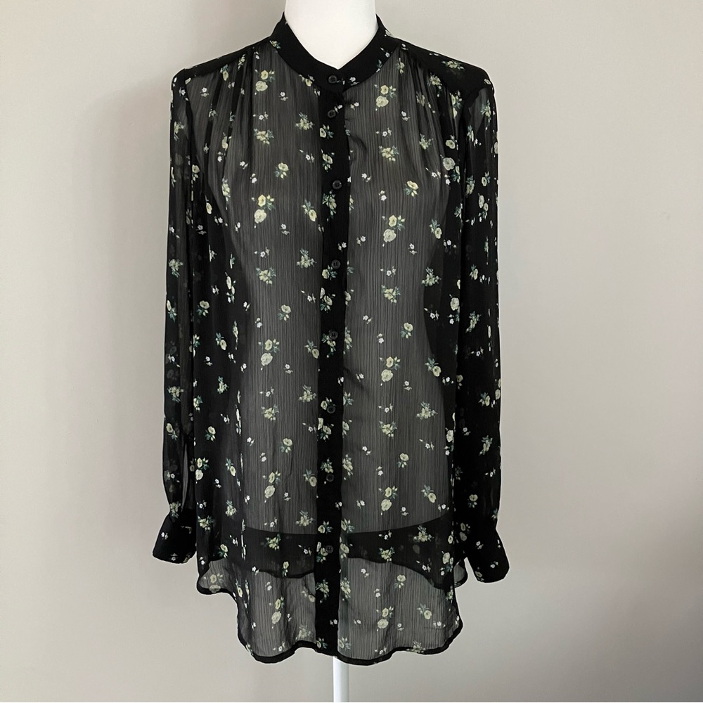 Philosophy Sheer Blouse Long Sleeve Black Yellow Flowers Womens Size M